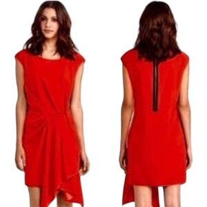 RACHEL ROY Red Dress Exposed Zipper Asymetrical Hem Gathered and Rusched Front L